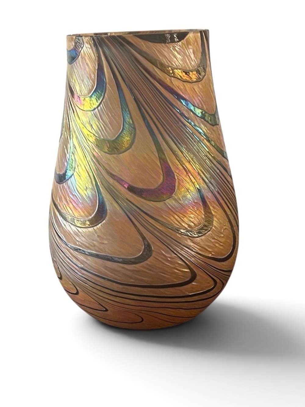 Vintage Teleflora Iridescent Pulled
Feather Art  Nouveau Glass Vase 7"